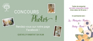 Visuel annonçant un jeu concours disponible sur la page Facebook de Quevilly Habitat. Elle indique qu'il y a une composition florale à gagner grâce à nos deux partenaires sur Grand-Quevilly : La Marquise Fleurie et Daisy Fleurs.